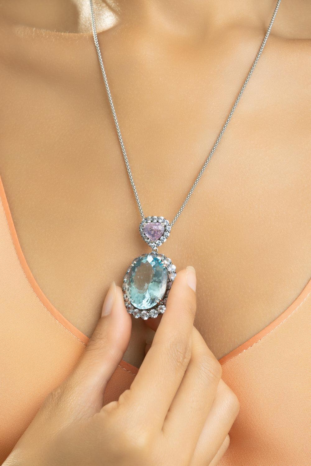Aquamarine Sapphire Pendant Necklace-WHITE GOLD-JEWELRYFINE JEWELNECKLACE O-ALEXANDER LAUT