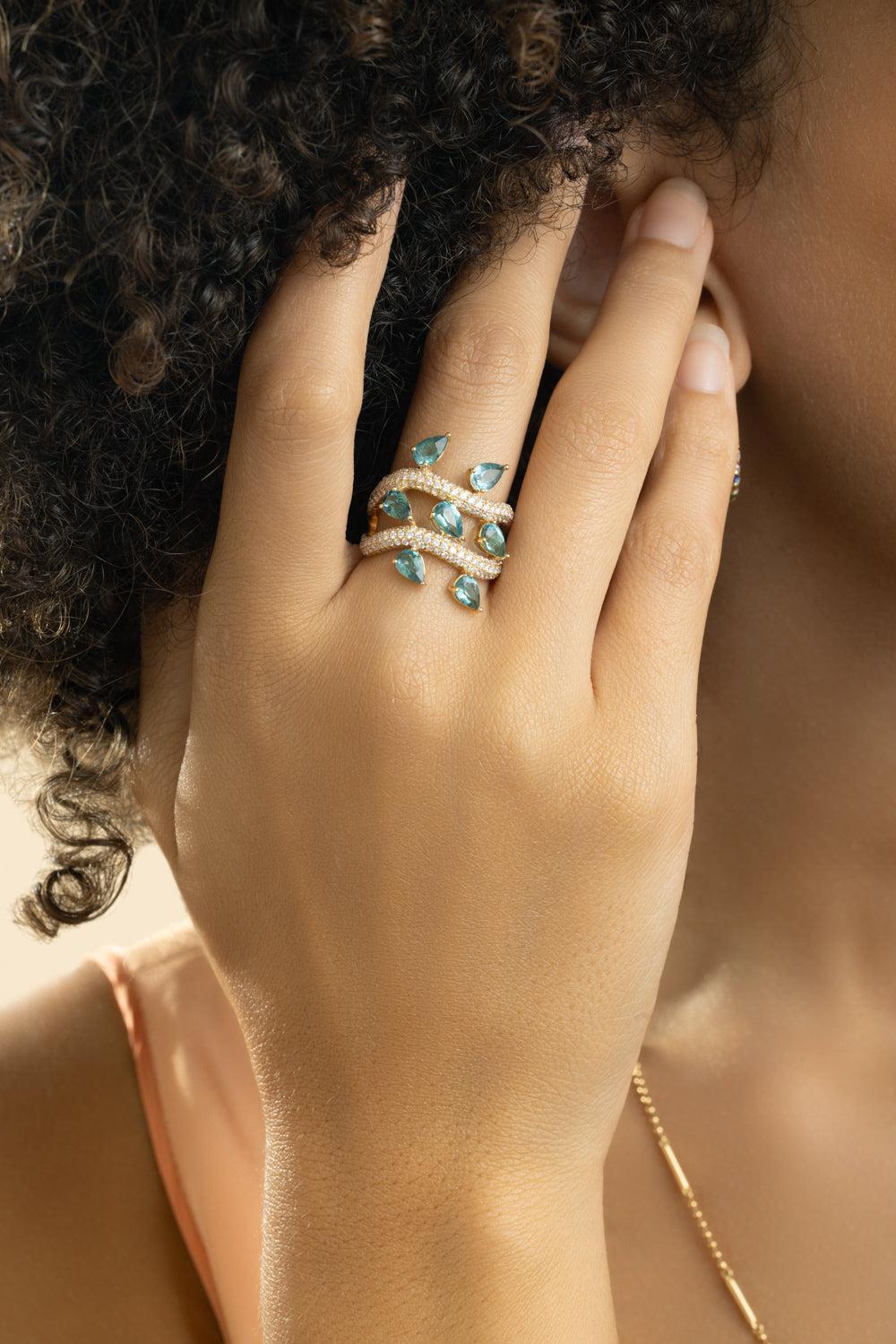 Diamond Tourmaline Vine Ring-YLLWGOLD-7-JEWELRYFINE JEWELRING-GRAZIELA