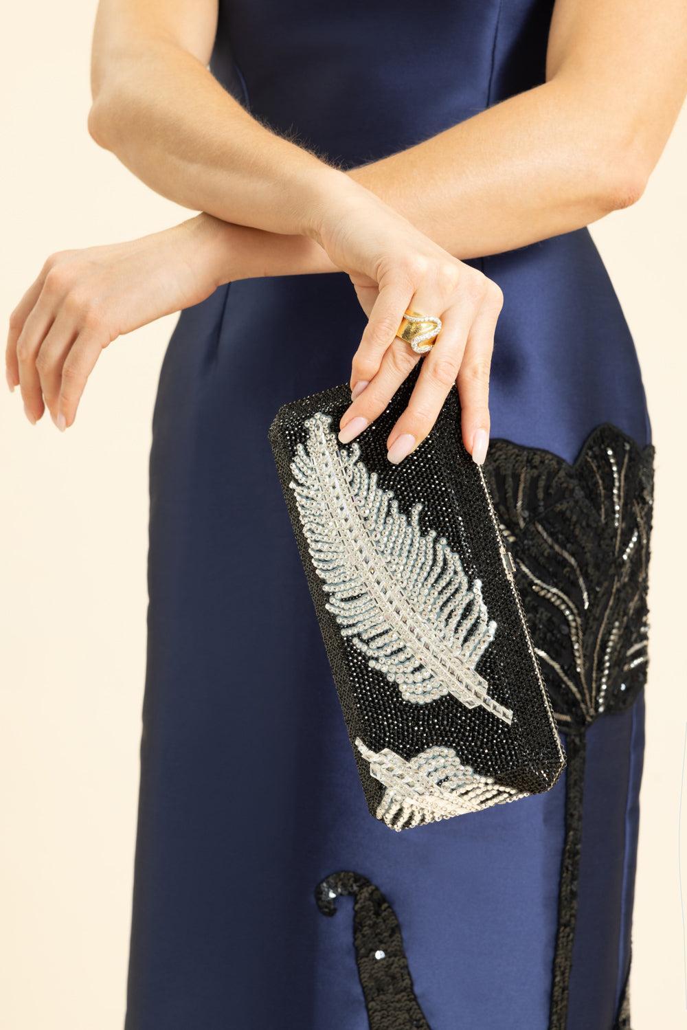Slim Rectangle Clutch - Plume Black-BLACK/WHITE-HANDBAGCLUTCHES-JUDITH LEIBER