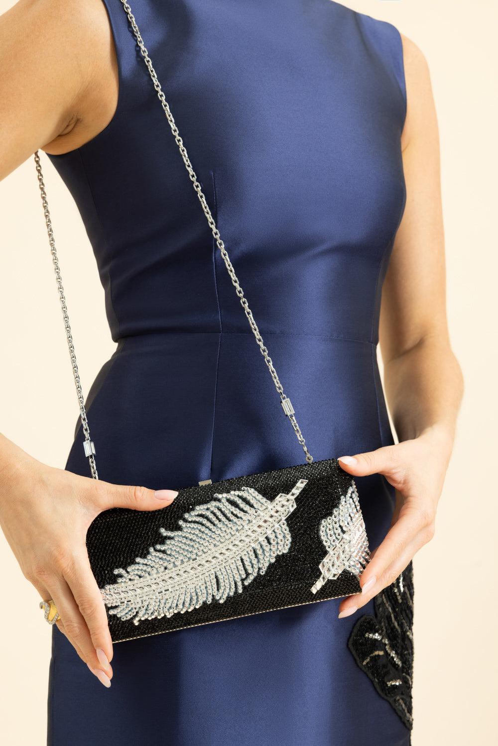 Slim Rectangle Clutch - Plume Black-BLACK/WHITE-HANDBAGCLUTCHES-JUDITH LEIBER