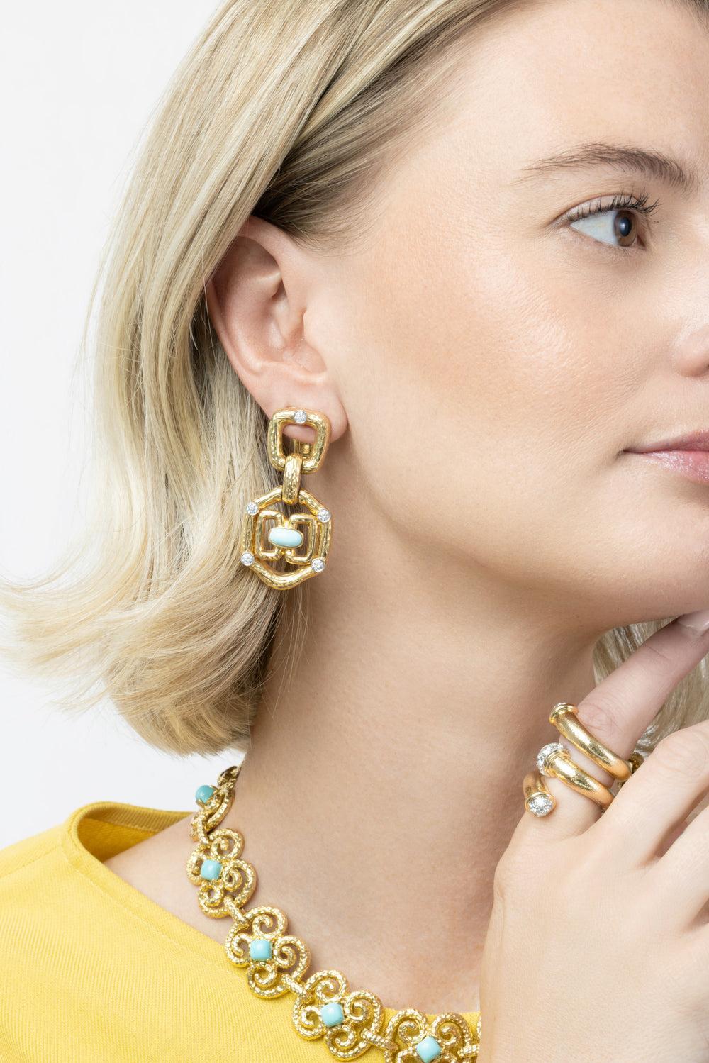 Diamond Turquoise Janus Earrings-YELLOW GOLD-JEWELRYFINE JEWELEARRING-DAVID WEBB 