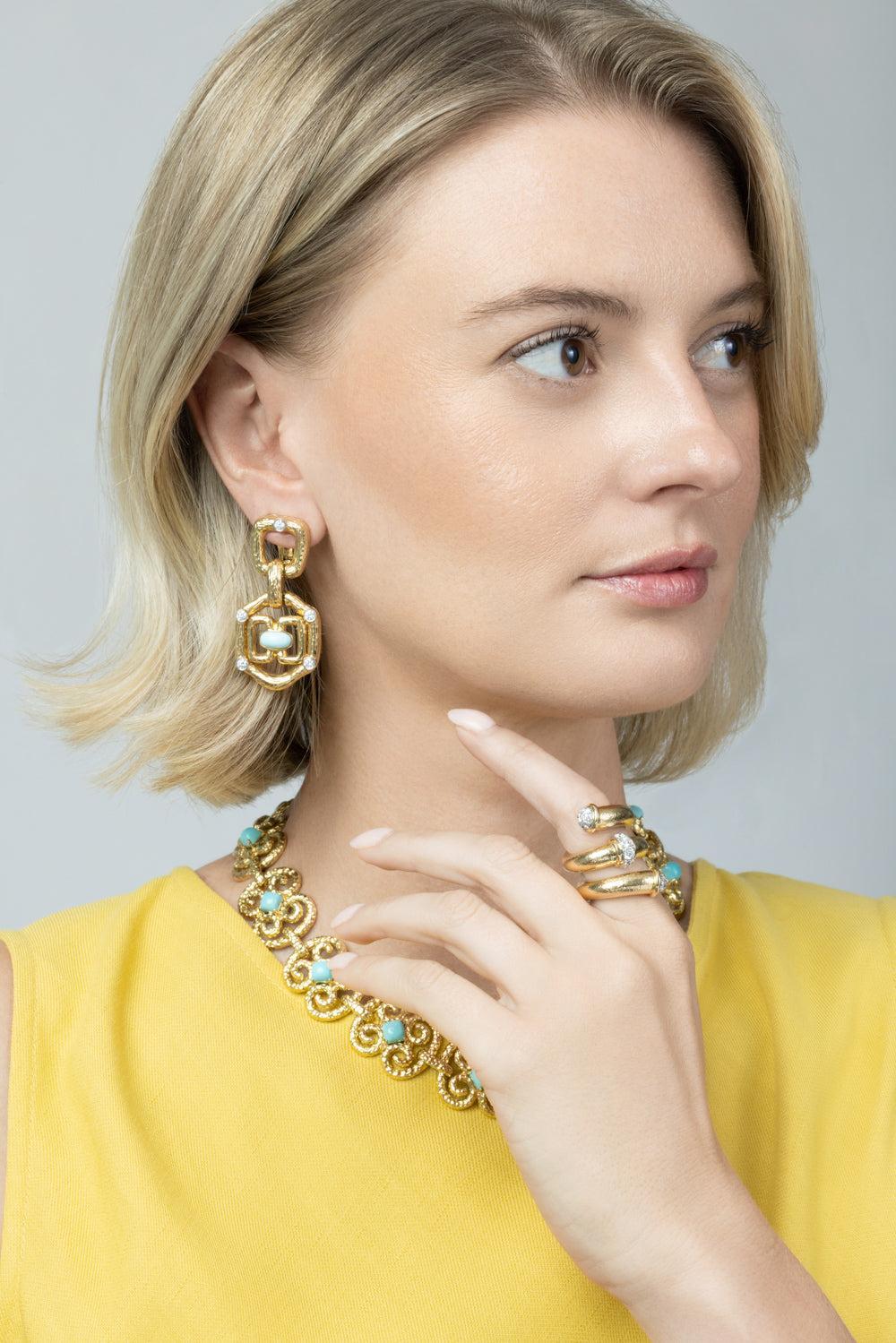  Diamond Turquoise Janus Earrings-YELLOW GOLD-JEWELRYFINE JEWELEARRING-DAVID WEBB 