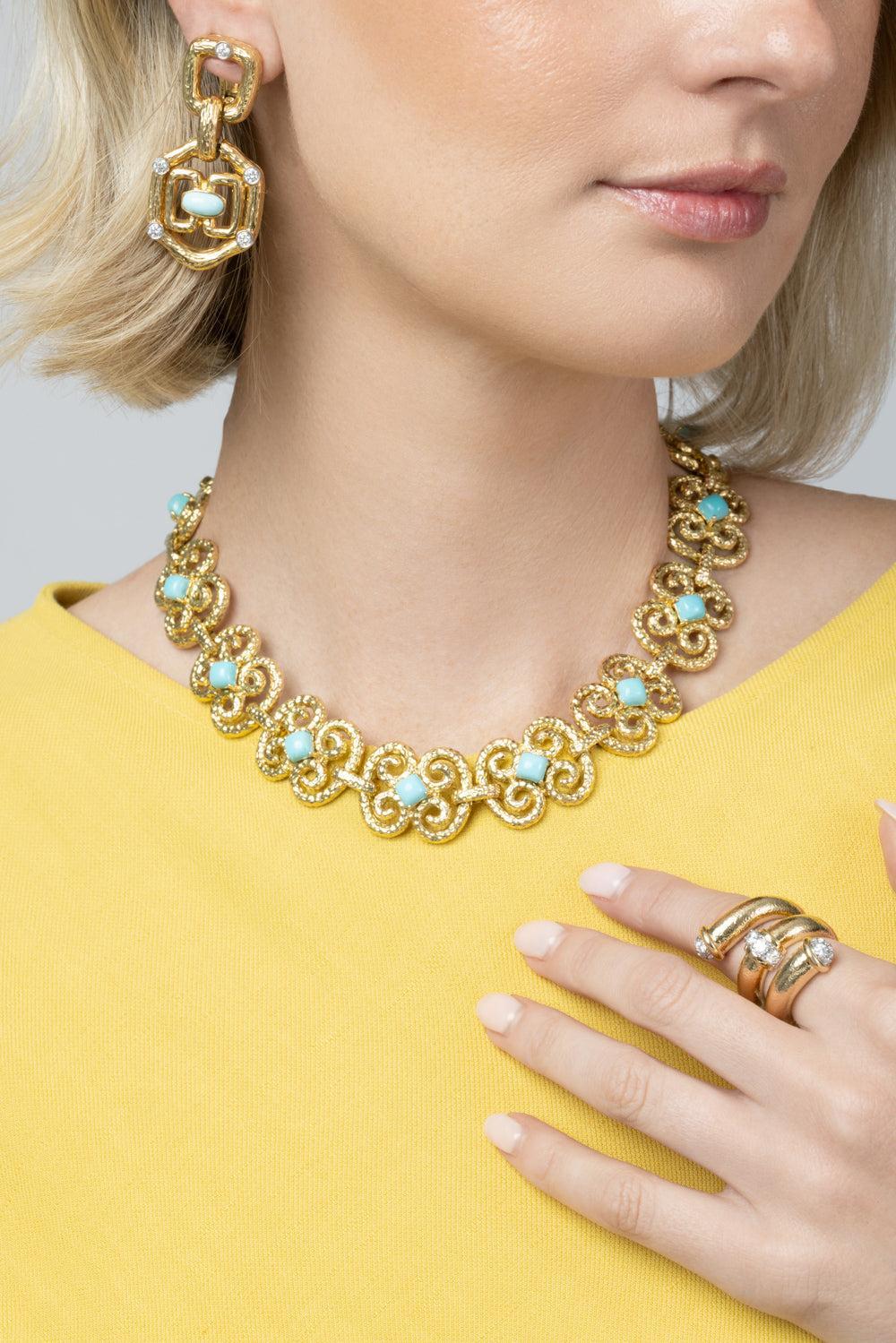  Turquoise Scroll Collar Necklace-YELLOW GOLD-JEWELRYFINE JEWELNECKLACE O-DAVID WEBB 