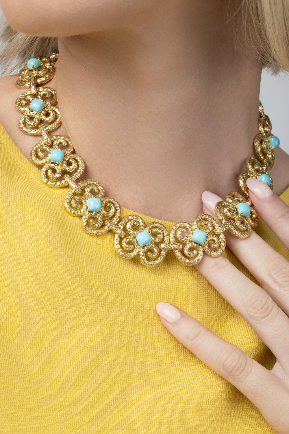 Turquoise Scroll Collar Necklace-YELLOW GOLD-JEWELRYFINE JEWELNECKLACE O-DAVID WEBB