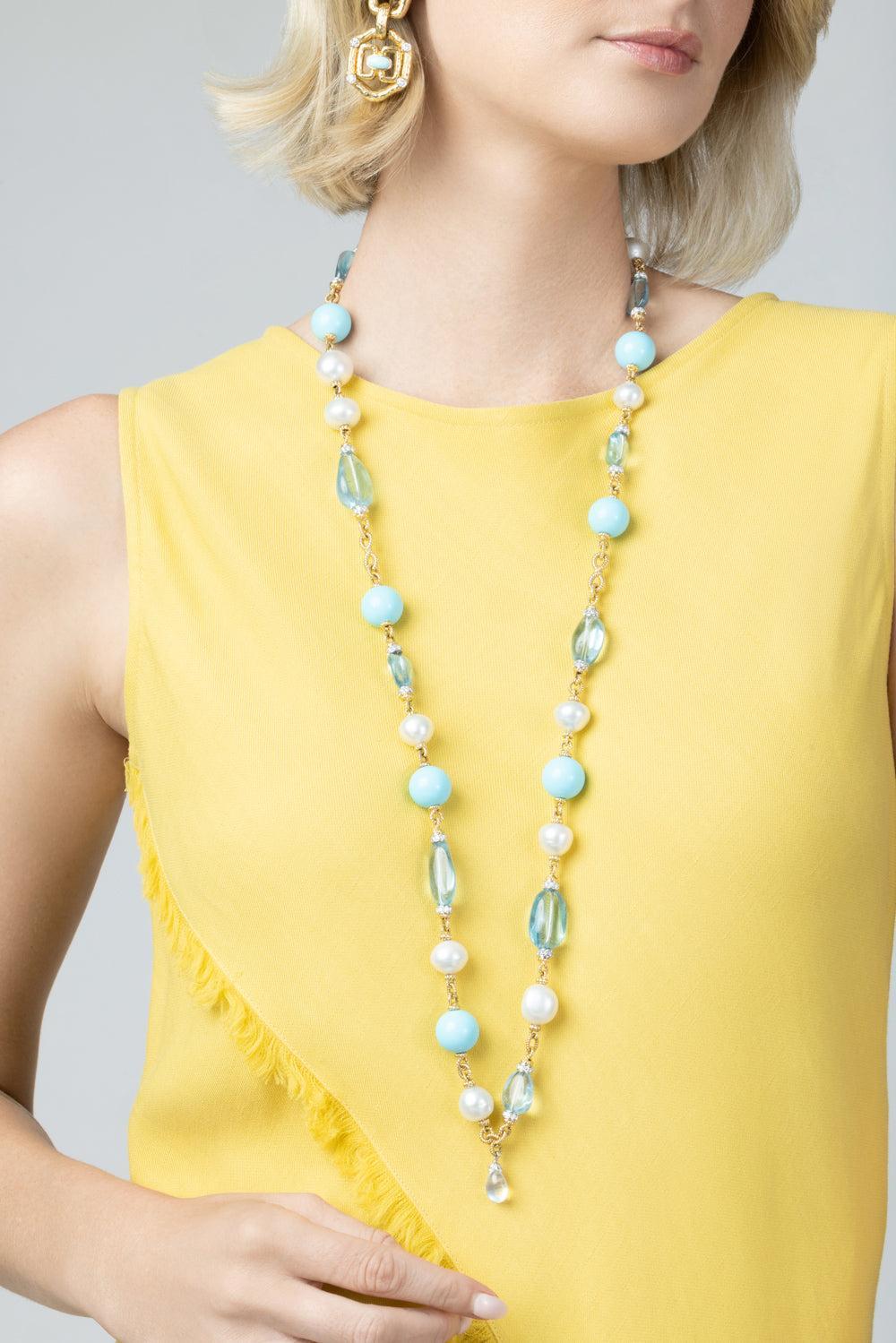 Diamond Aquamarine Turquoise Rope Chain Necklace-YELLOW GOLD-JEWELRYFINE JEWELNECKLACE O-DAVID WEBB