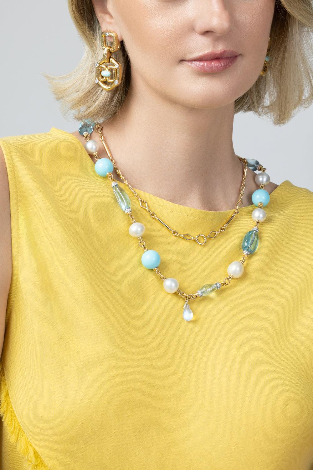Diamond Aquamarine Turquoise Rope Chain Necklace-YELLOW GOLD-JEWELRYFINE JEWELNECKLACE O-DAVID WEBB