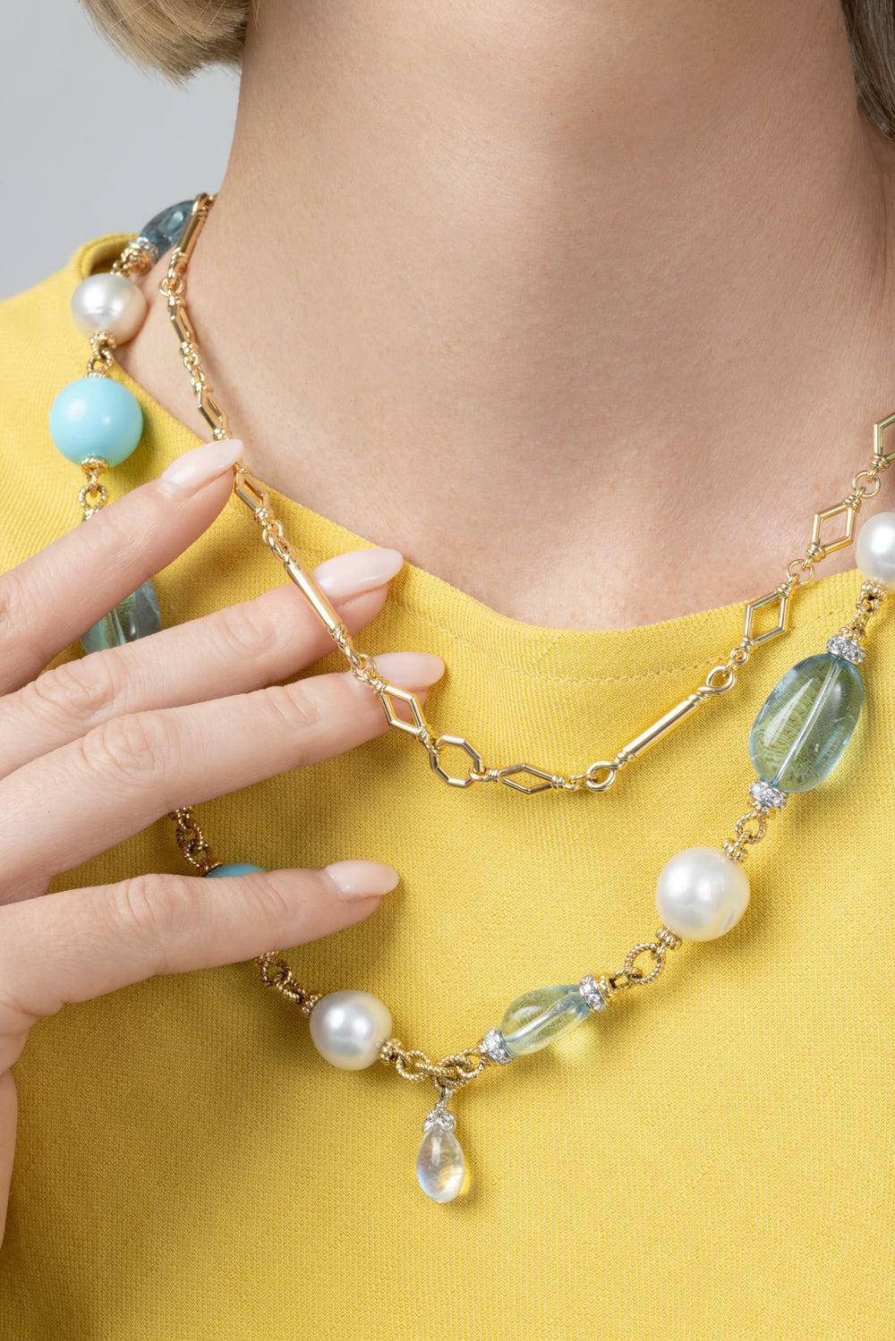 Diamond Aquamarine Turquoise Rope Chain Necklace-YELLOW GOLD-JEWELRYFINE JEWELNECKLACE O-DAVID WEBB