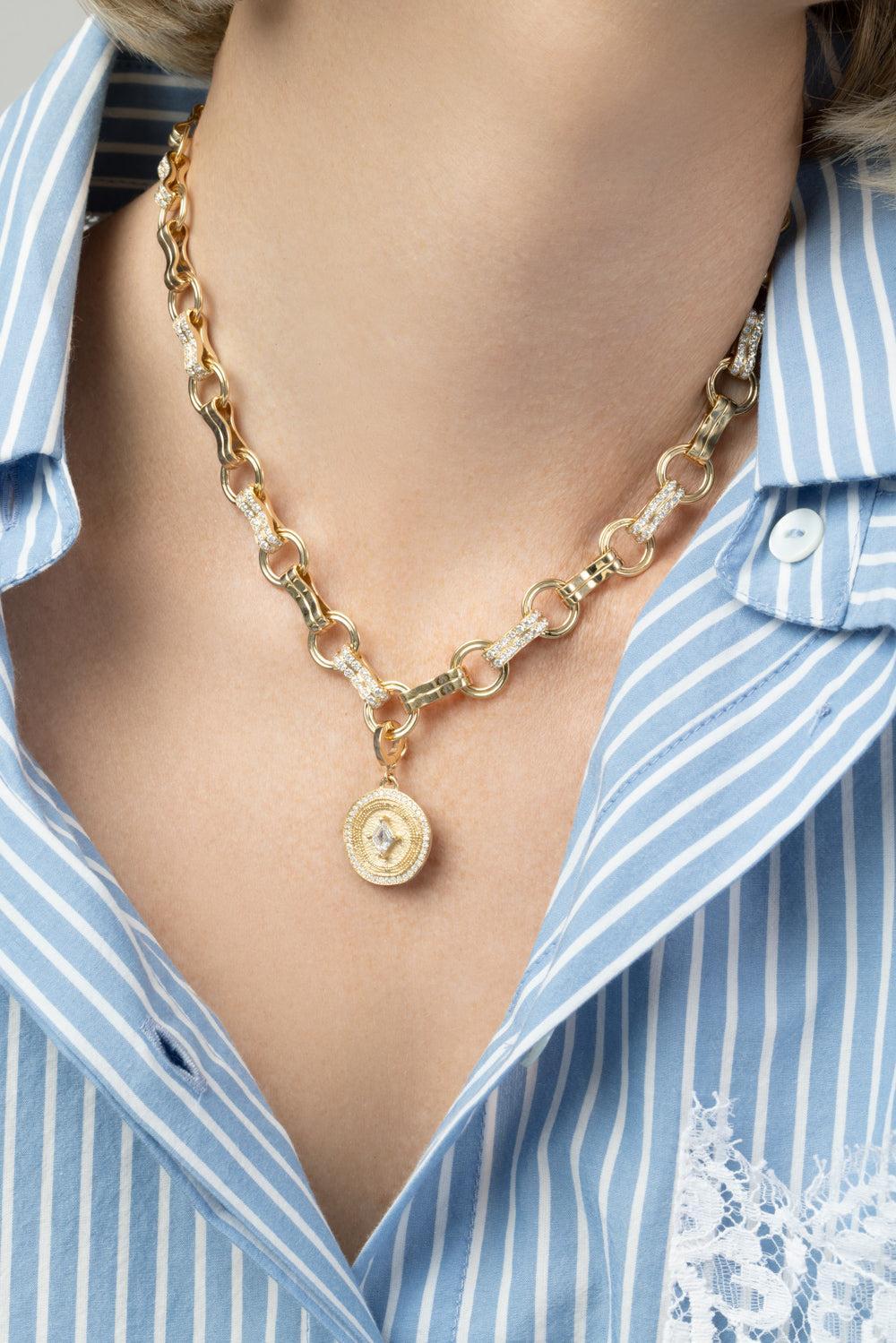 Diamond Alternating Robust Motif Necklace-YELLOW GOLD-16-JEWELRYFINE JEWELNECKLACE O-AZLEE
