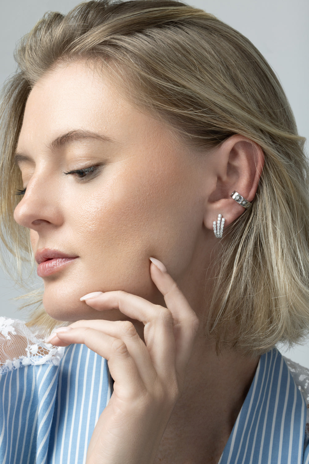  Diamond Three Line Stud Earrings - White Gold-WHITE GOLD-JEWELRYFINE JEWELEARRING-SOFIA LAROUSSI 