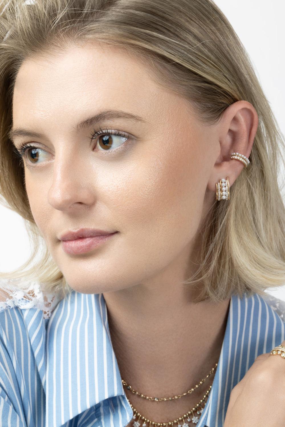 Diamond Pearl Double Row Ear Cuff-YELLOW GOLD-JEWELRYFINE JEWELEARRING-SOFIA LAROUSSI