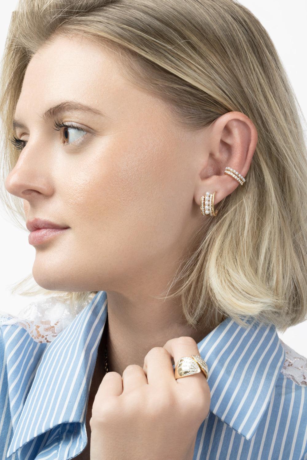  Diamond Pearl Double Row Ear Cuff-YELLOW GOLD-JEWELRYFINE JEWELEARRING-SOFIA LAROUSSI 