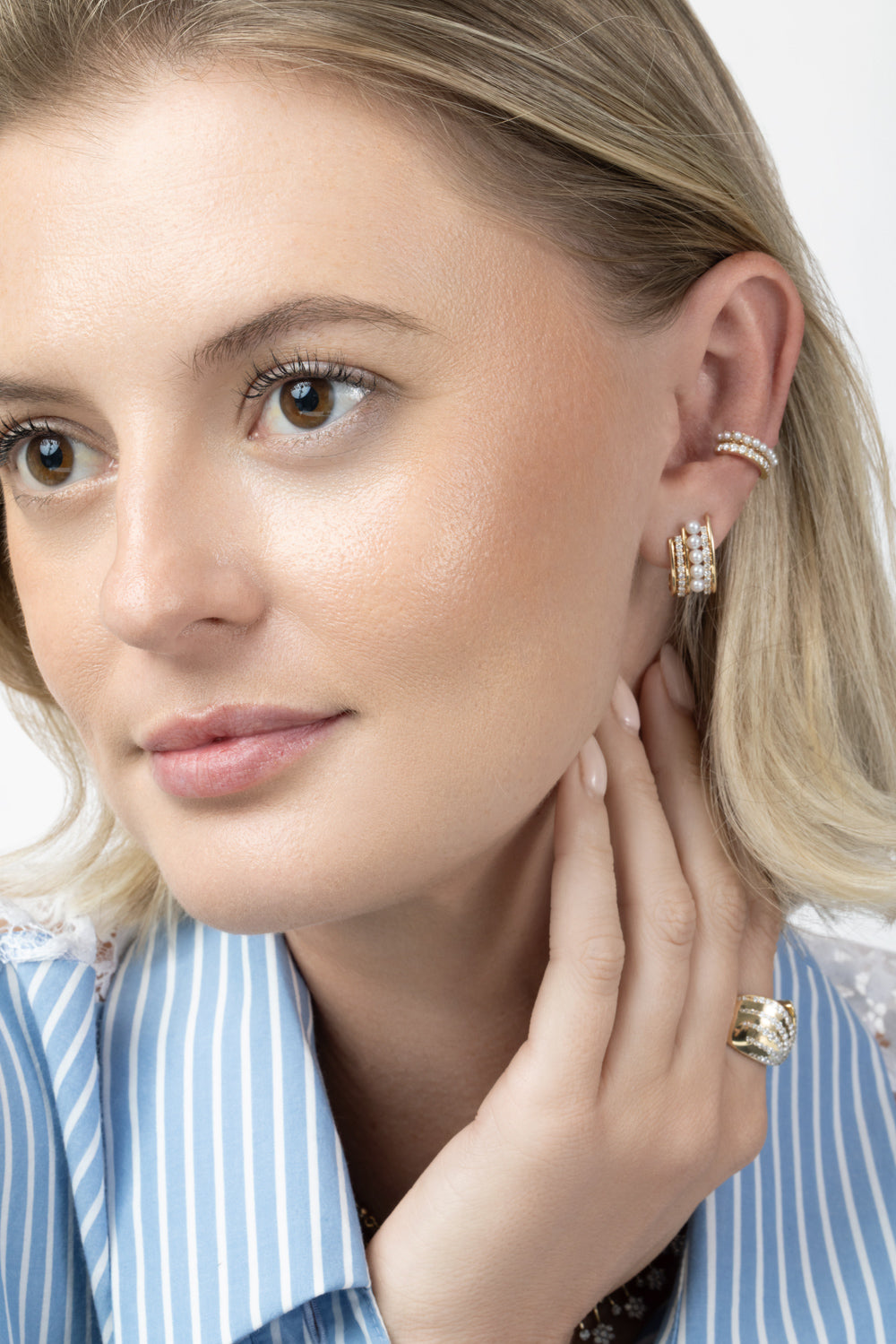 Diamond Pearl Huggie Hoop Earrings-YELLOW GOLD-JEWELRYFINE JEWELEARRING-SOFIA LAROUSSI