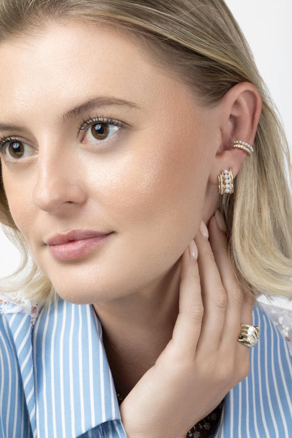 Diamond Pearl Double Row Ear Cuff-YELLOW GOLD-JEWELRYFINE JEWELEARRING-SOFIA LAROUSSI 
