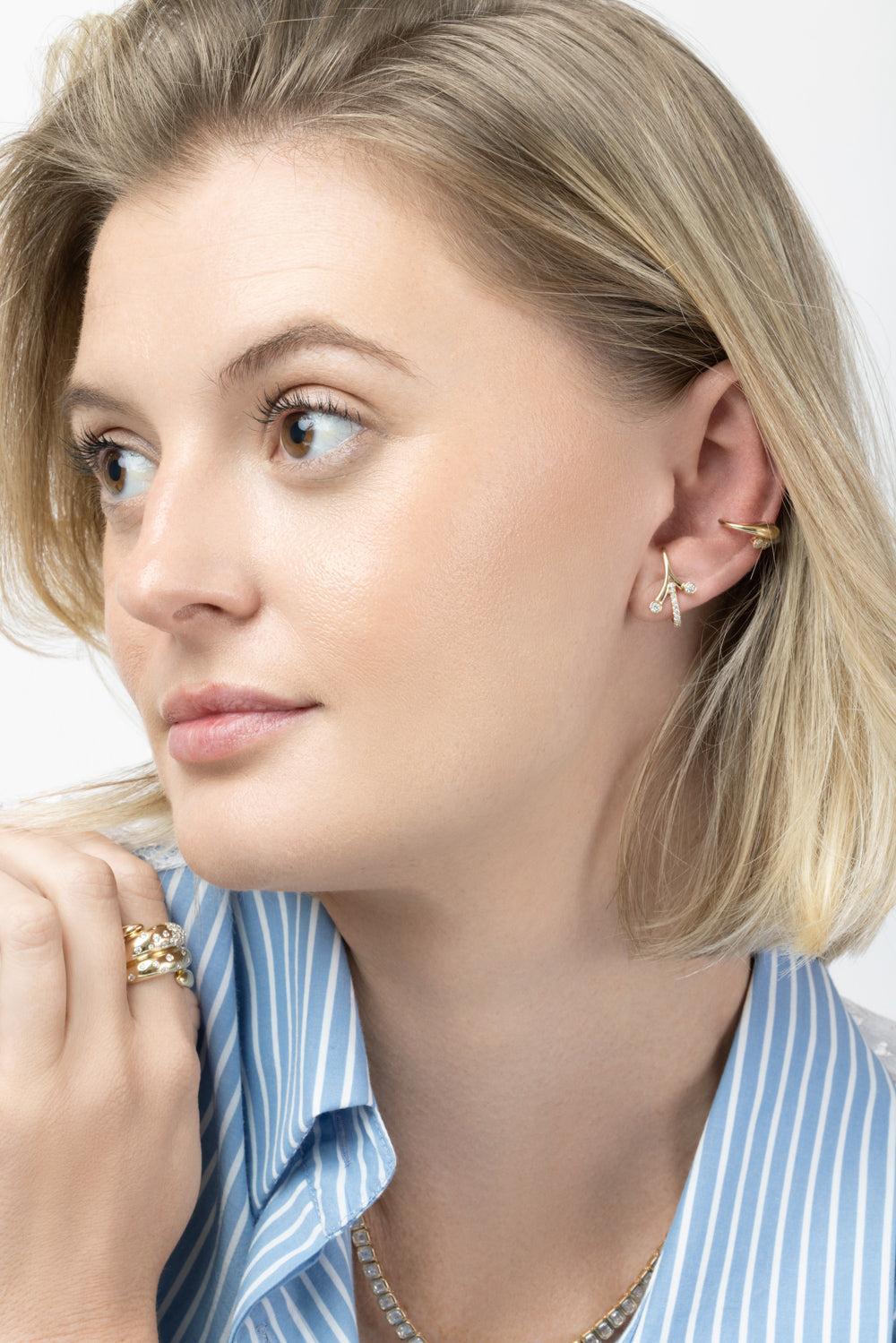 Diamond Round Bezel Crossover Ear cuff-YELLOW GOLD-JEWELRYFINE JEWELEARRING-SOFIA LAROUSSI