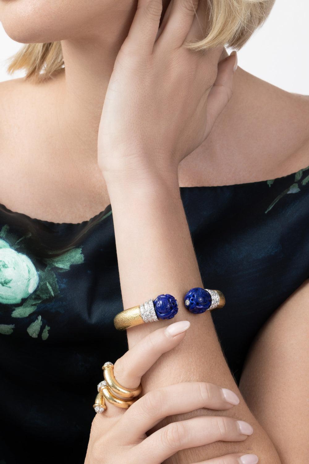  Diamond Lapis Bead Magellan Cuff Bracelet-YELLOW GOLD-JEWELRYFINE JEWELBRACELET O-DAVID WEBB 