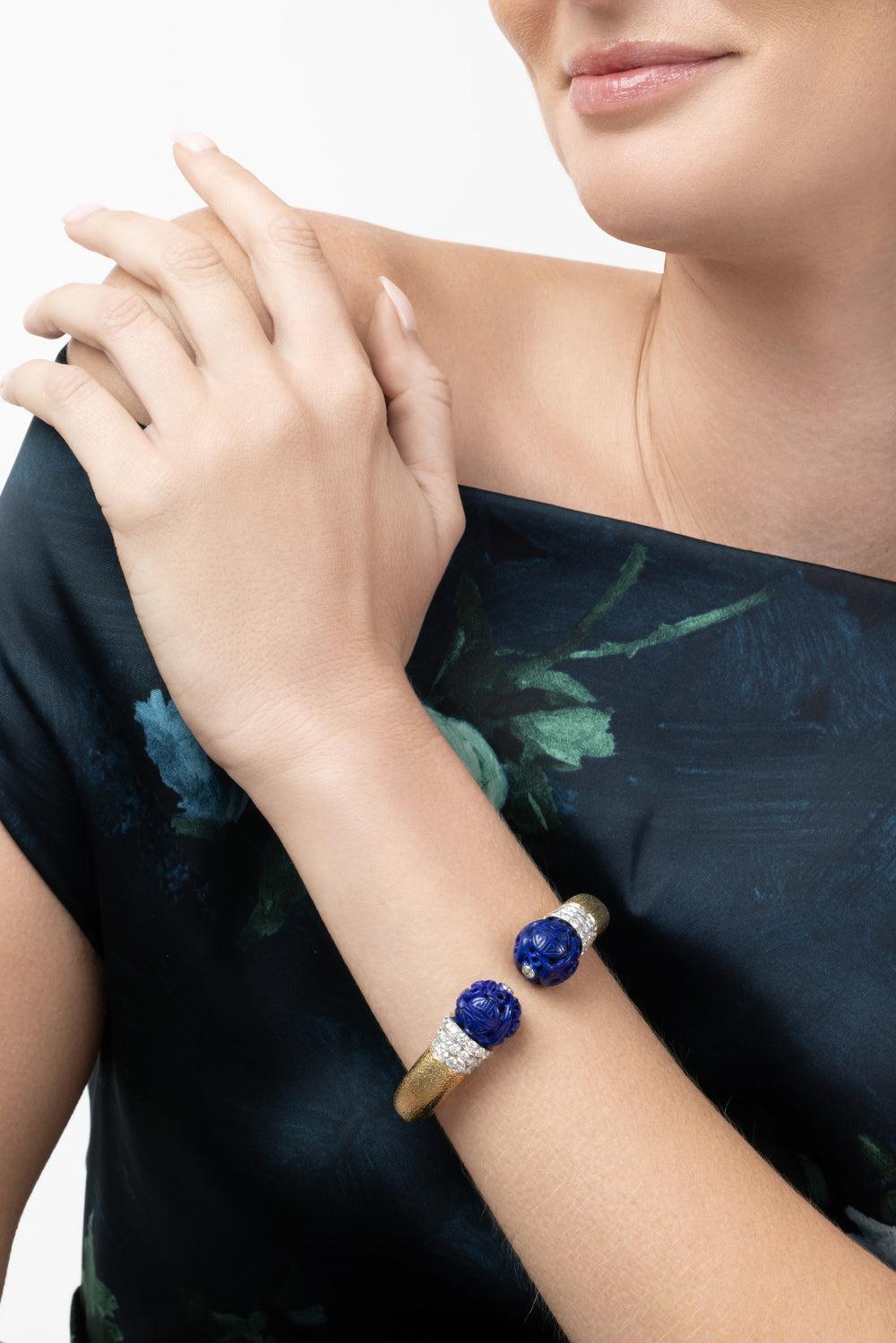 Diamond Lapis Bead Magellan Cuff Bracelet-YELLOW GOLD-JEWELRYFINE JEWELBRACELET O-DAVID WEBB