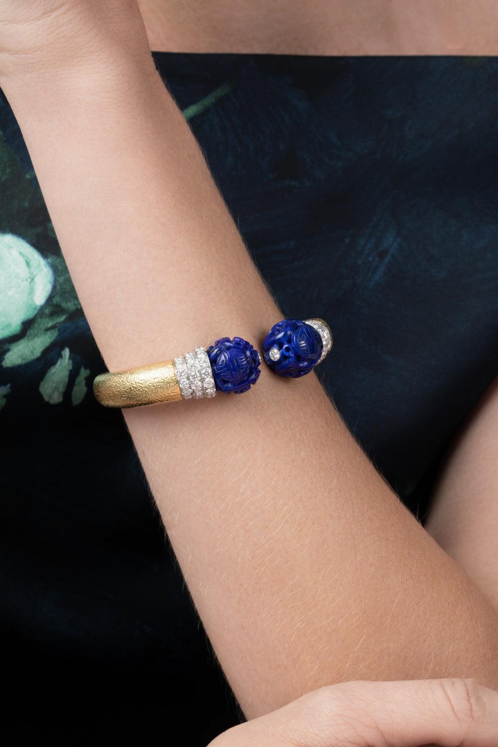  Diamond Lapis Bead Magellan Cuff Bracelet-YELLOW GOLD-JEWELRYFINE JEWELBRACELET O-DAVID WEBB 
