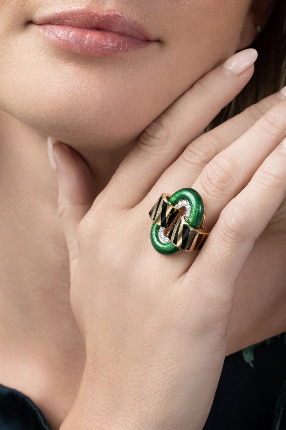 Diamond Tiger Stripe Oval Buckle Ring-YELLOW GOLD-4.75-JEWELRYFINE JEWELRING-DAVID WEBB