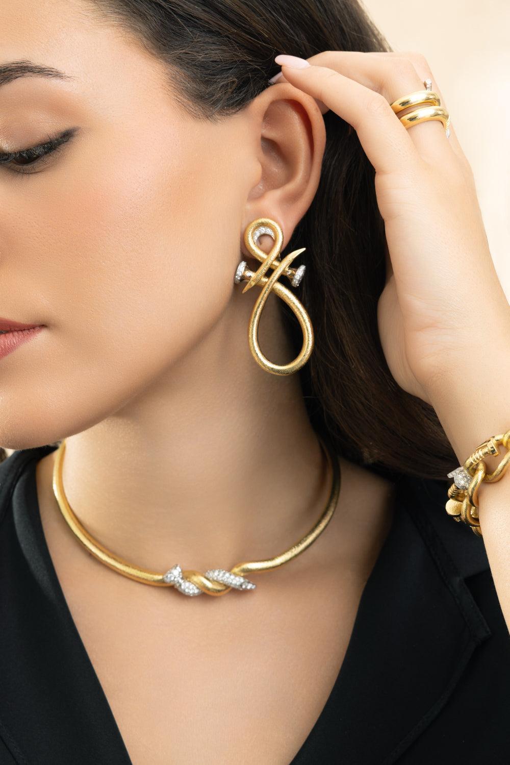 Diamond Hammered Triple Infinity Earrings-YELLOW GOLD-JEWELRYFINE JEWELEARRING-DAVID WEBB