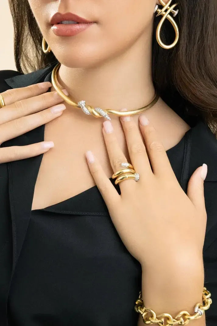 Hammered Two Tone Twisted Diamond Collar Necklace-YELLOW GOLD-JEWELRYFINE JEWELNECKLACE O-DAVID WEBB