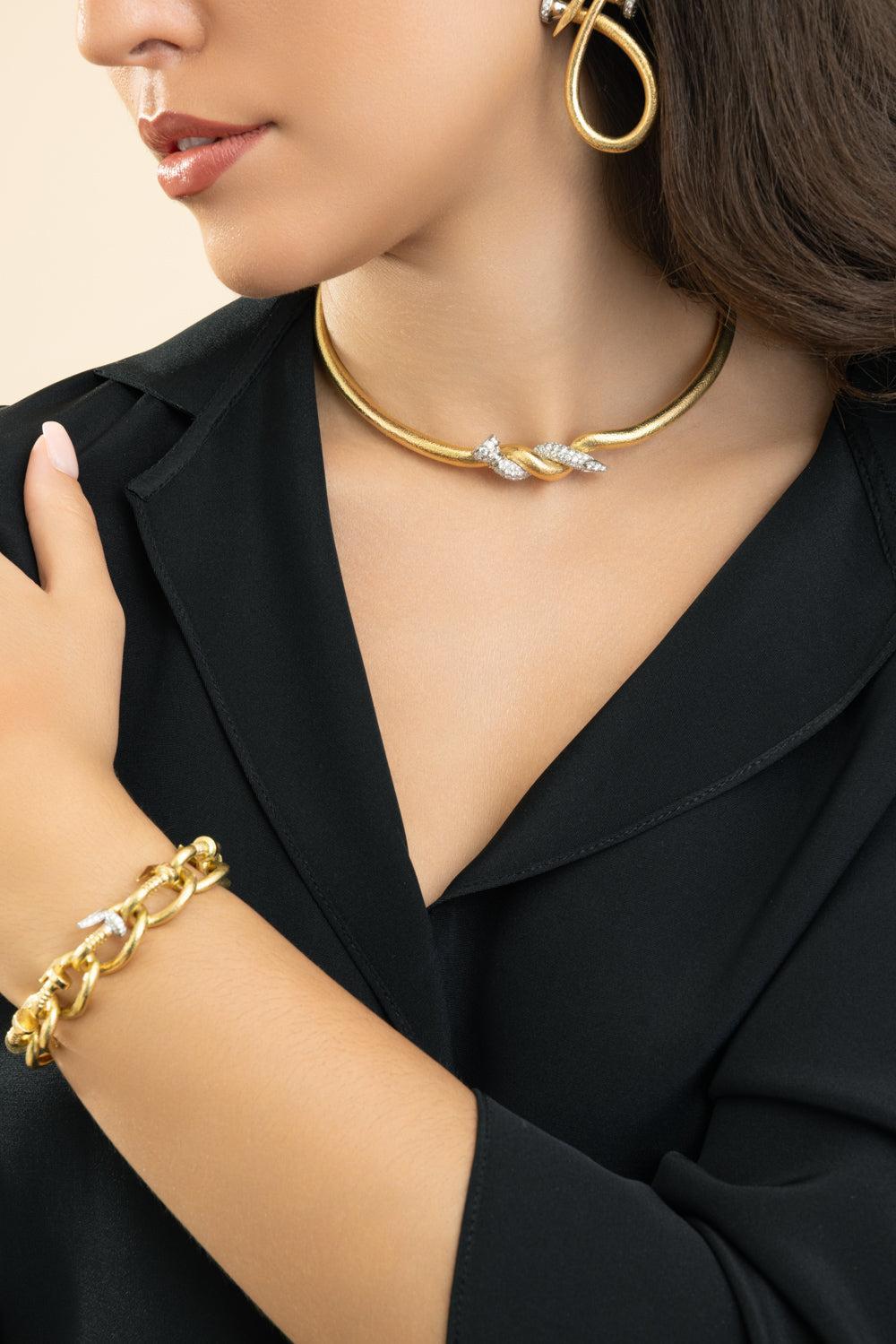 Diamond Hammered Bent Nail Link Bracelet-YELLOW GOLD-JEWELRYFINE JEWELBRACELET O-DAVID WEBB