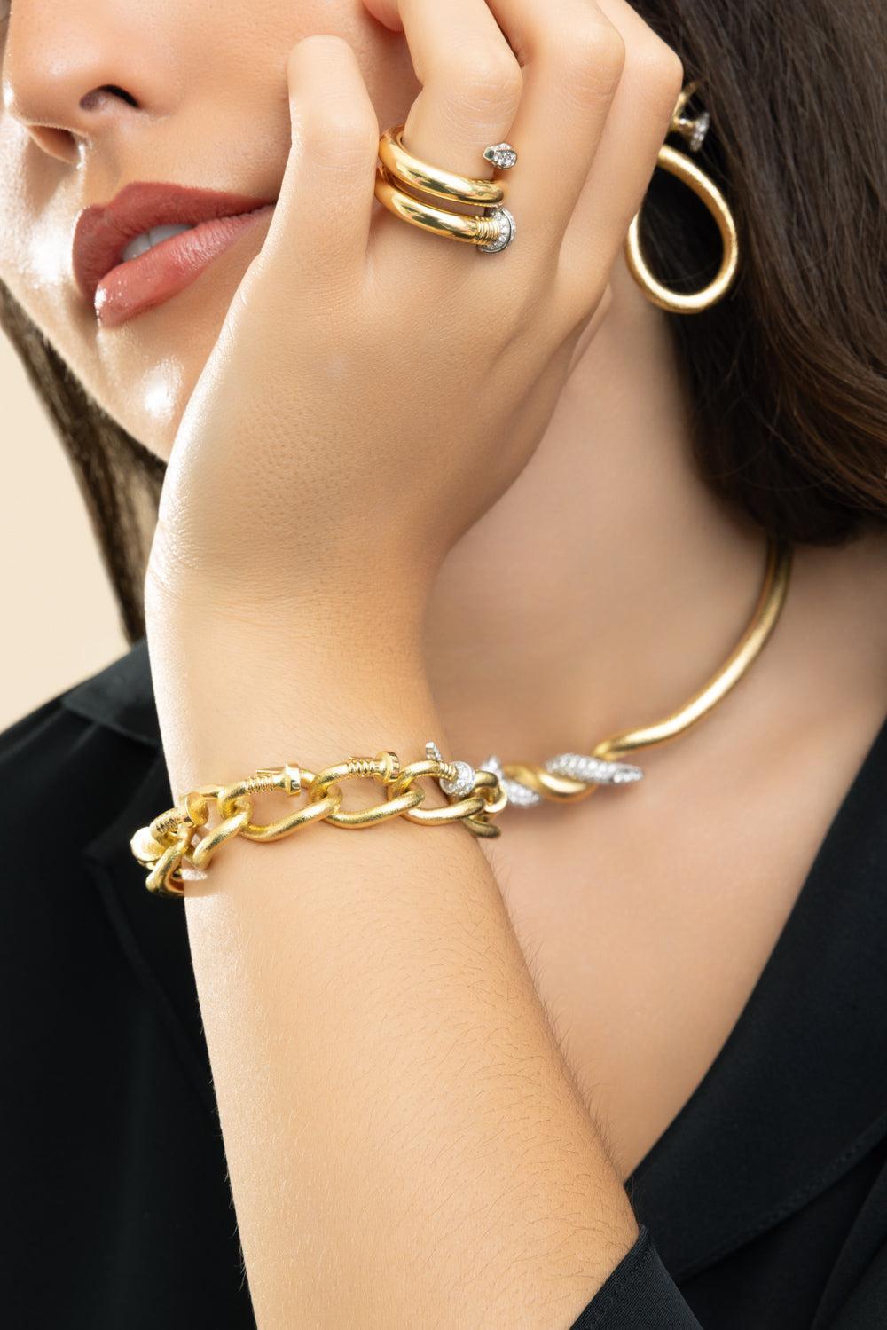 Diamond Hammered Bent Nail Link Bracelet-YELLOW GOLD-JEWELRYFINE JEWELBRACELET O-DAVID WEBB