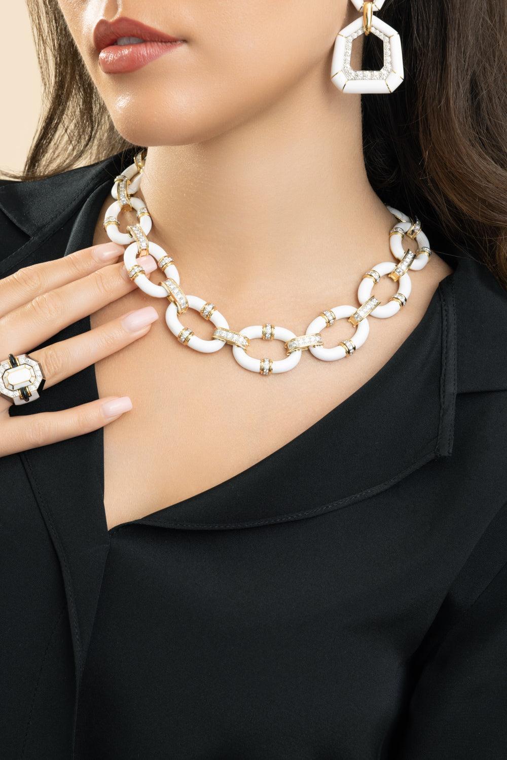 Diamond White Oval Link Necklace-YELLOW GOLD-JEWELRYFINE JEWELNECKLACE O-DAVID WEBB