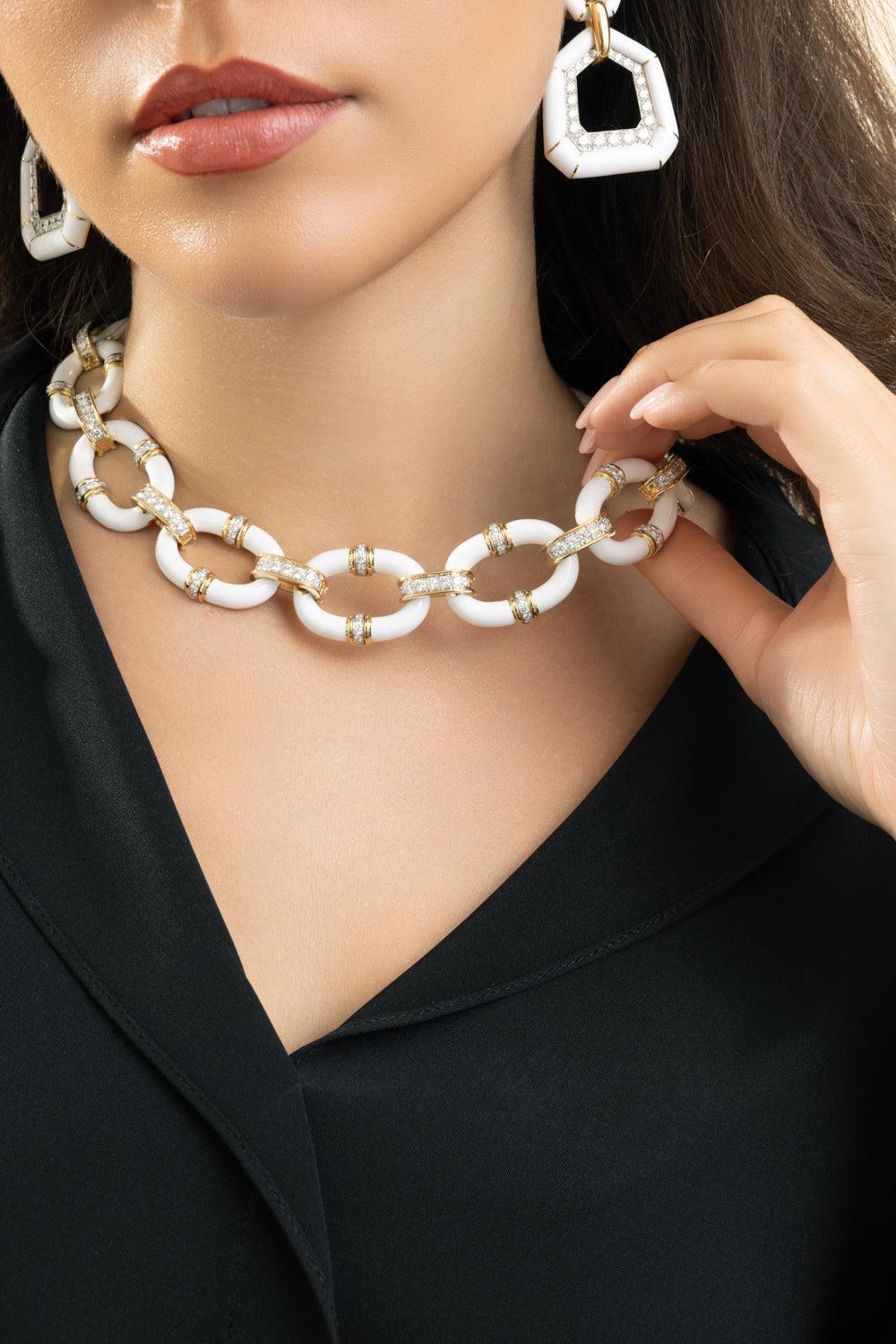 Diamond White Oval Link Necklace-YELLOW GOLD-JEWELRYFINE JEWELNECKLACE O-DAVID WEBB