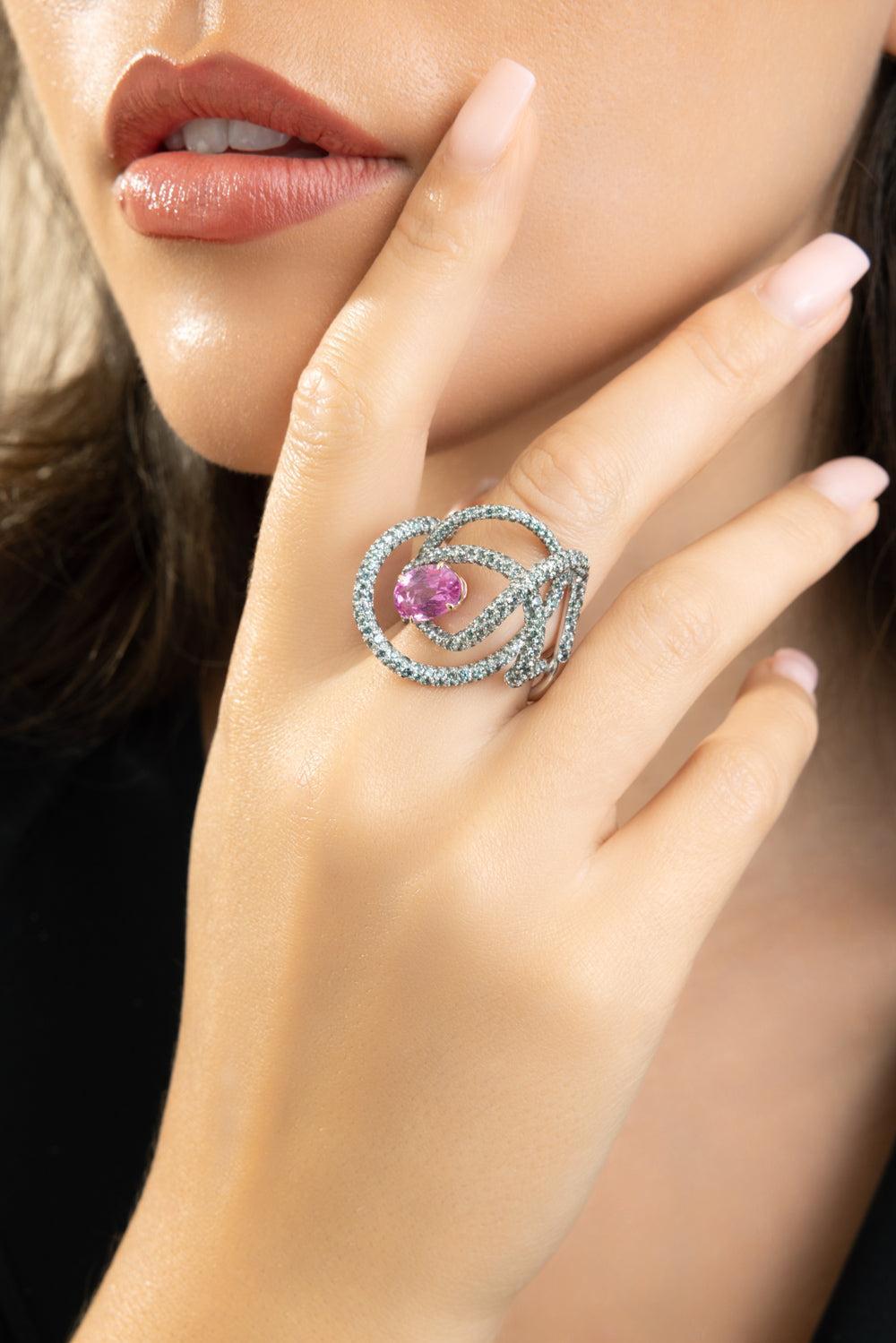 Pink Sapphire Green Garnet Kephi Ring-WHITE GOLD-6-JEWELRYFINE JEWELRING-NEHA DANI