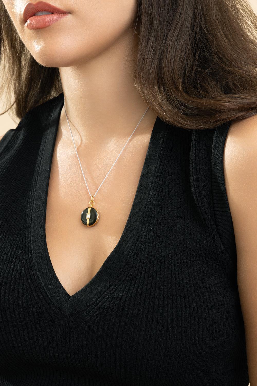 White Sapphire Black Round Locket Necklace-YELLOW GOLD-17-JEWELRYFINE JEWELNECKLACE O-MONICA RICH KOSANN