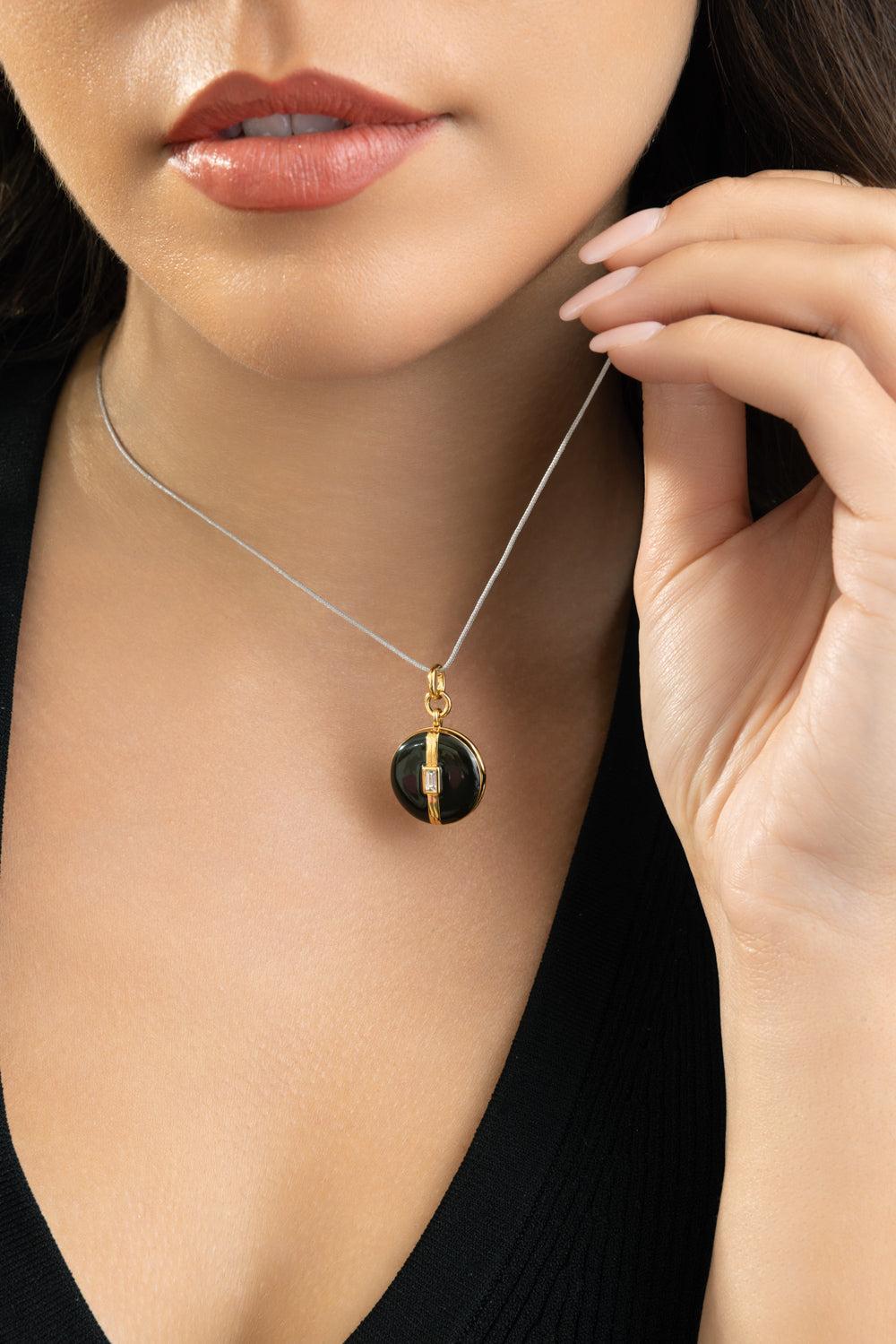White Sapphire Black Round Locket Necklace-YELLOW GOLD-17-JEWELRYFINE JEWELNECKLACE O-MONICA RICH KOSANN