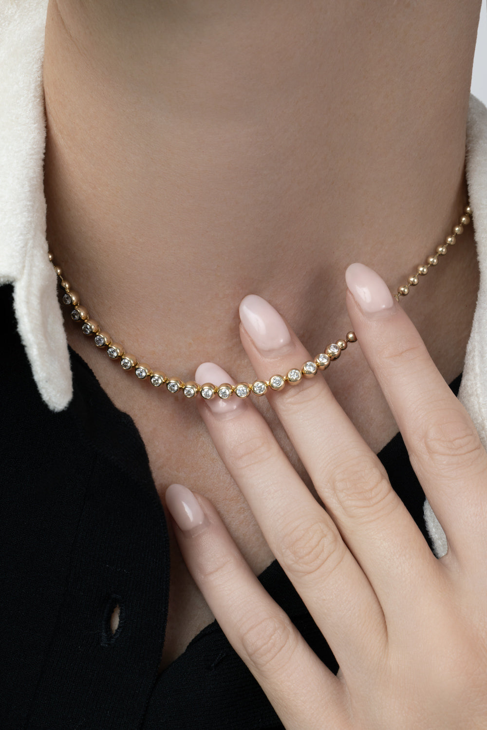  Diamond Bezel Set Ball Chain Necklace-YELLOW GOLD-JEWELRYFINE JEWELNECKLACE O-SOFIA LAROUSSI 