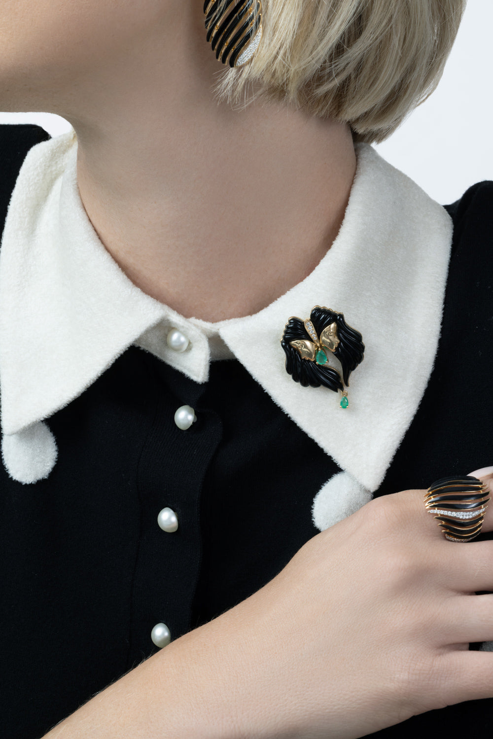 Onyx Emerald Diamond Twin Brooch-YELLOW GOLD-JEWELRYFINE JEWELMISC-ANDREA MATOS LOPES