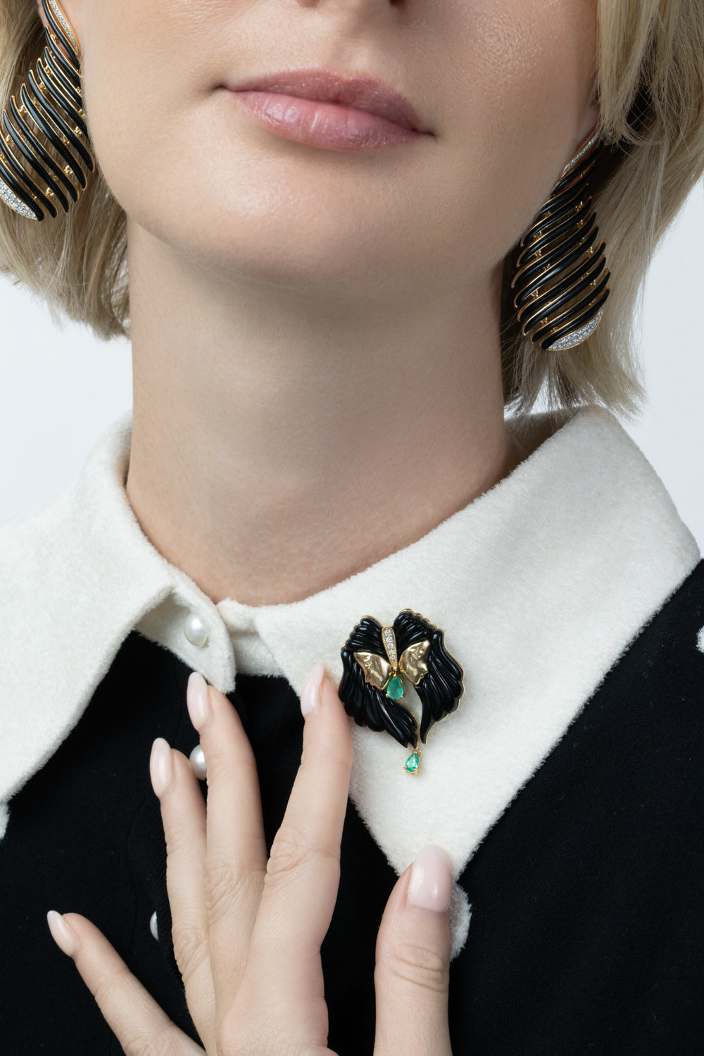  Onyx Emerald Diamond Twin Brooch-YELLOW GOLD-JEWELRYFINE JEWELMISC-ANDREA MATOS LOPES 