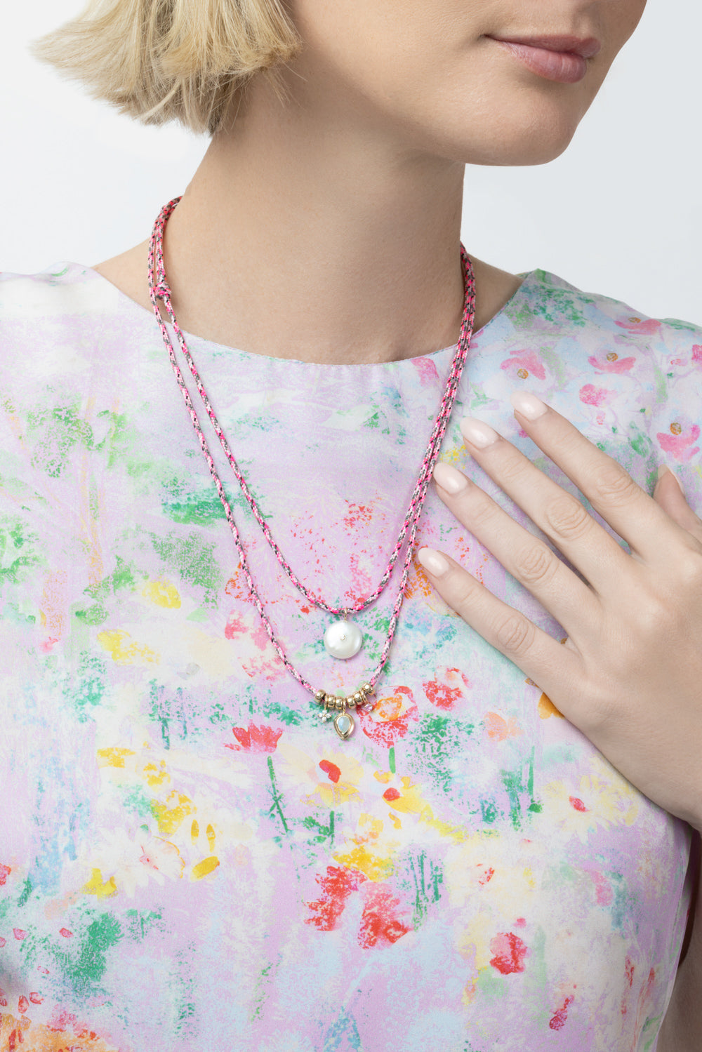 Opal Pink Sapphire Diamond Pink Cord Necklace-YELLOW GOLD-JEWELRYFINE JEWELNECKLACE O-ZOE CHICCO