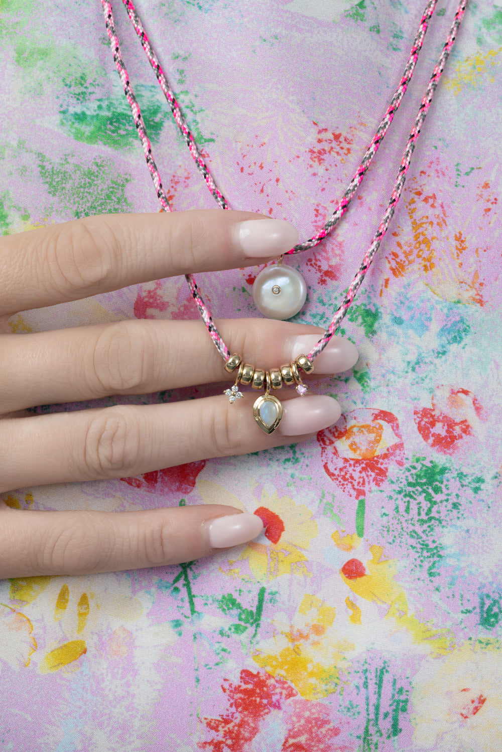 Opal Pink Sapphire Diamond Pink Cord Necklace-YELLOW GOLD-JEWELRYFINE JEWELNECKLACE O-ZOE CHICCO