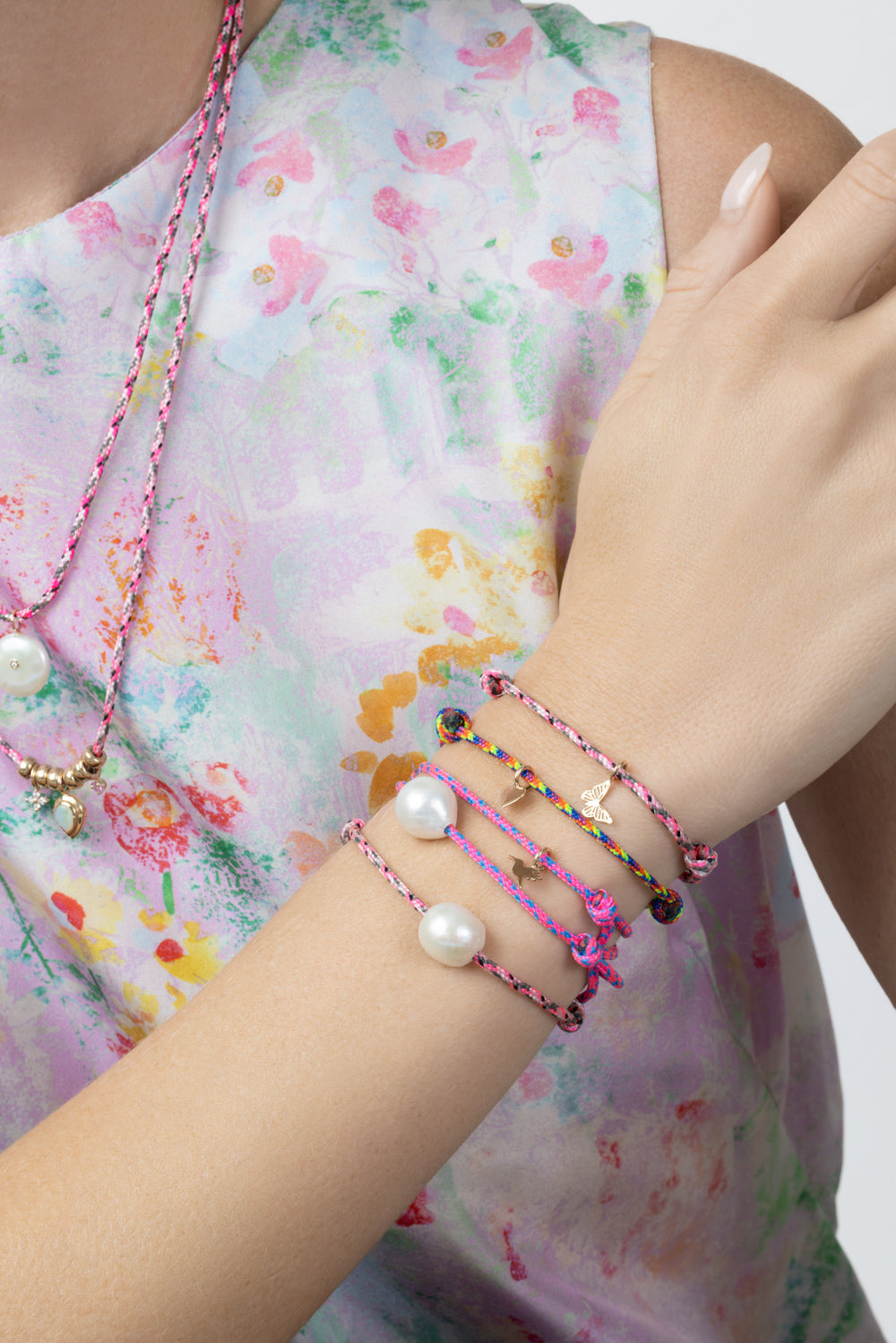 Hummingbird Pink Blue Cord Charm Bracelet-YELLOW GOLD-JEWELRYFINE JEWELBRACELET O-ZOE CHICCO