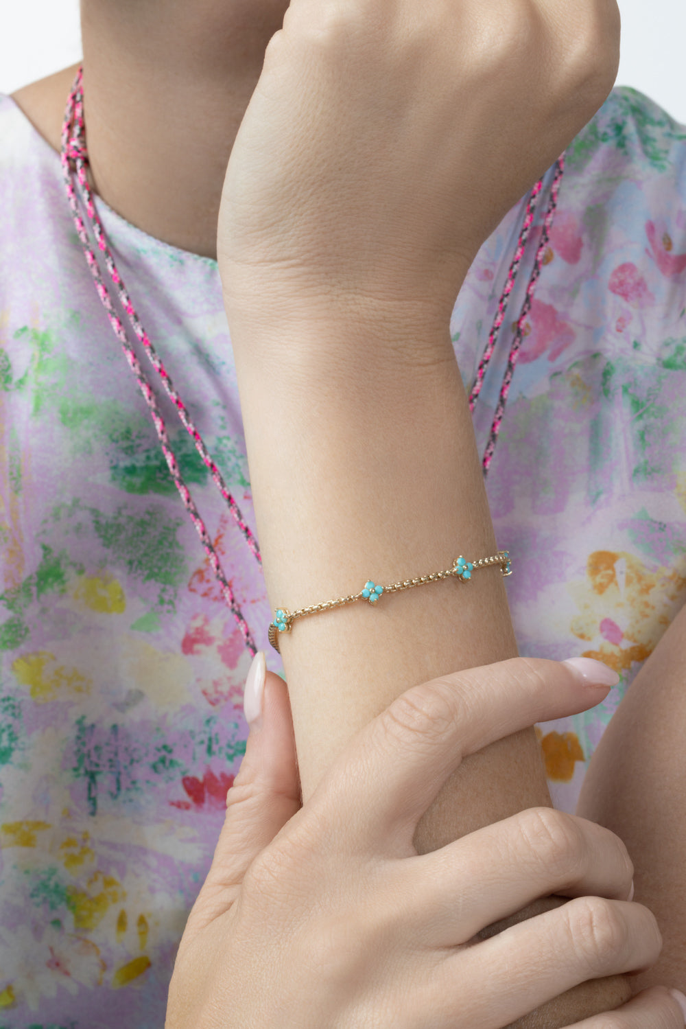  Turquoise Five Station Box Chain Bracelet-YELLOW GOLD-JEWELRYFINE JEWELBRACELET O-ZOE CHICCO 