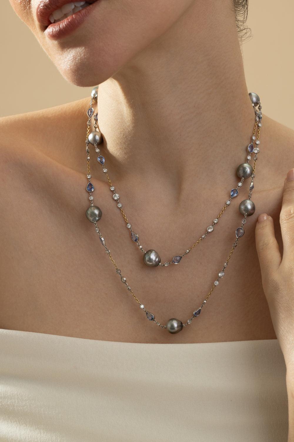 Pearl Sapphire Opera Chain Necklace-PLATINUM-JEWELRYFINE JEWELBRACELET O-CICADA