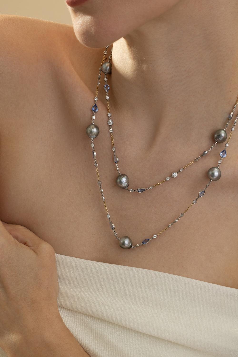 Pearl Sapphire Opera Chain Necklace-PLATINUM-JEWELRYFINE JEWELBRACELET O-CICADA