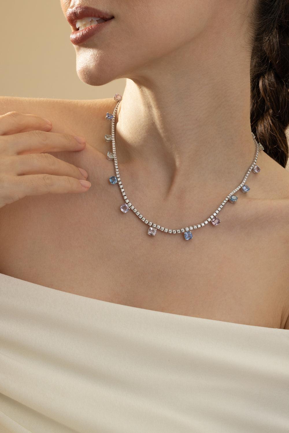 Sapphire Diamond Necklace-WHITE GOLD-JEWELRYFINE JEWELNECKLACE O-CICADA