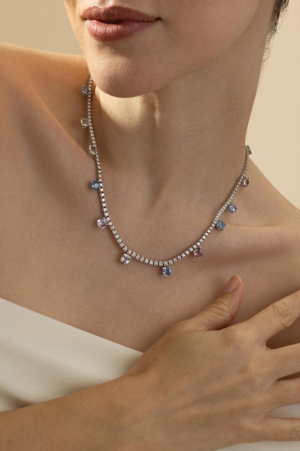 Sapphire Diamond Necklace-WHITE GOLD-JEWELRYFINE JEWELNECKLACE O-CICADA