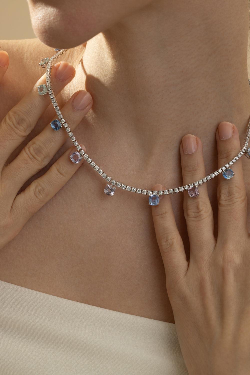 Sapphire Diamond Necklace-WHITE GOLD-JEWELRYFINE JEWELNECKLACE O-CICADA