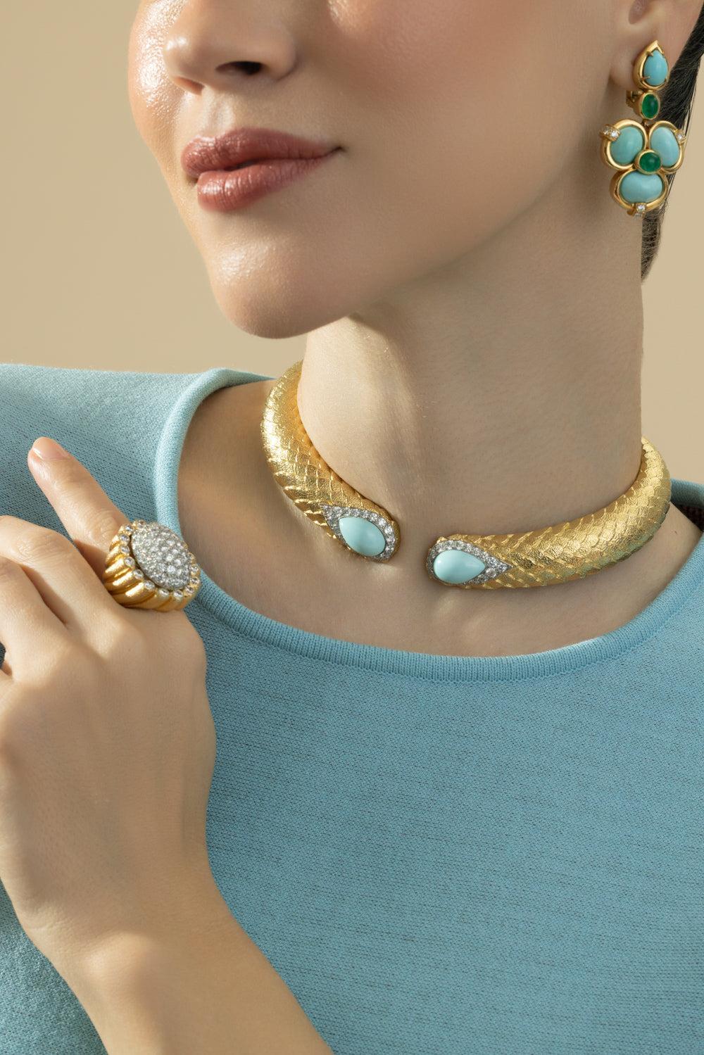 Turquoise Park Avenue Collar Necklace-YELLOW GOLD-JEWELRYFINE JEWELNECKLACE O-DAVID WEBB
