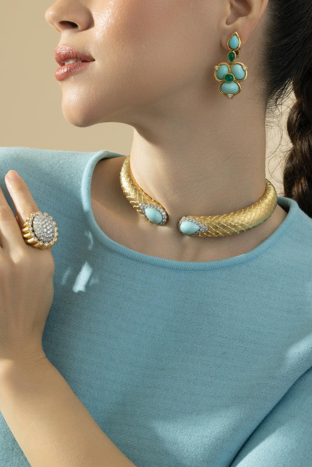 Turquoise Park Avenue Collar Necklace-YELLOW GOLD-JEWELRYFINE JEWELNECKLACE O-DAVID WEBB