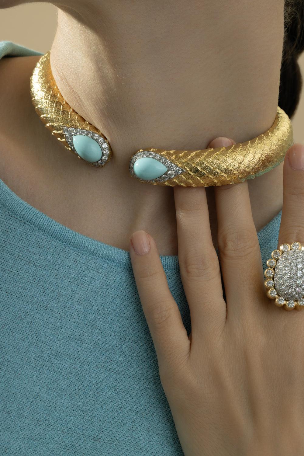 Turquoise Park Avenue Collar Necklace-YELLOW GOLD-JEWELRYFINE JEWELNECKLACE O-DAVID WEBB