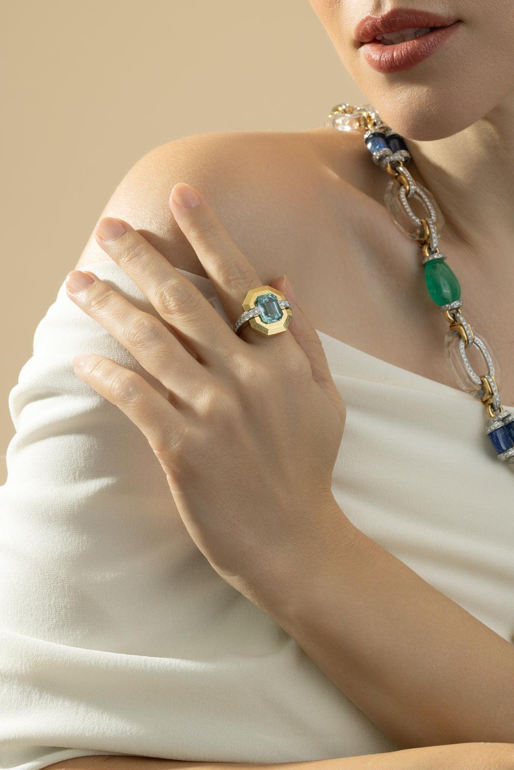 Aquamarine Diamond Avenue Ring-YELLOW GOLD-JEWELRYFINE JEWELRING-DAVID WEBB