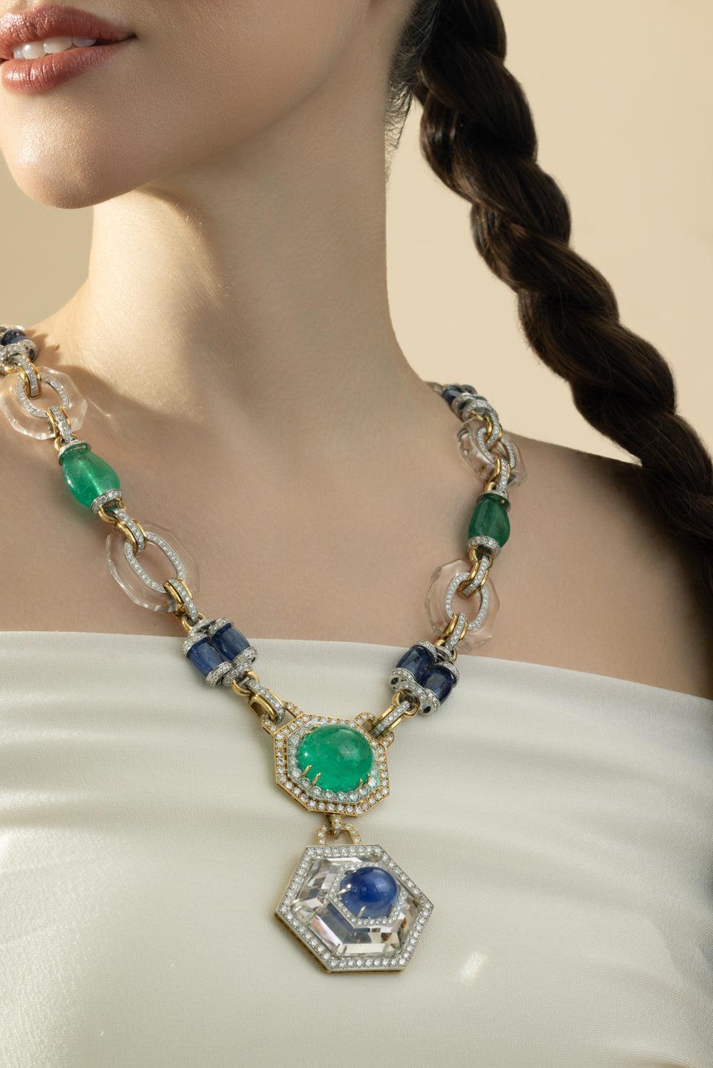 Emerald Sapphire Rock Crystal Diamond Necklace-YELLOW GOLD-JEWELRYFINE JEWELNECKLACE O-DAVID WEBB