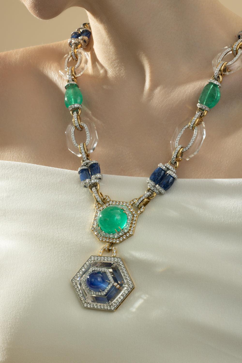 Emerald Sapphire Rock Crystal Diamond Necklace-YELLOW GOLD-JEWELRYFINE JEWELNECKLACE O-DAVID WEBB