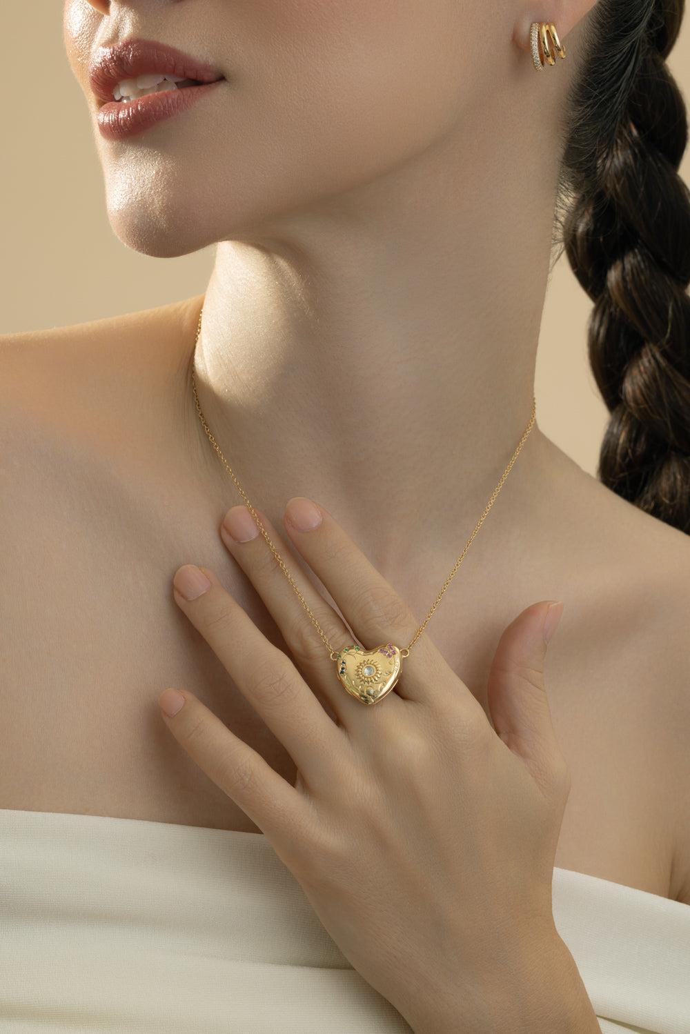 Multi Sapphire Diamond Secret Garden Heart Locket Necklace-YELLOW GOLD-JEWELRYFINE JEWELNECKLACE O-MONICA RICH KOSANN
